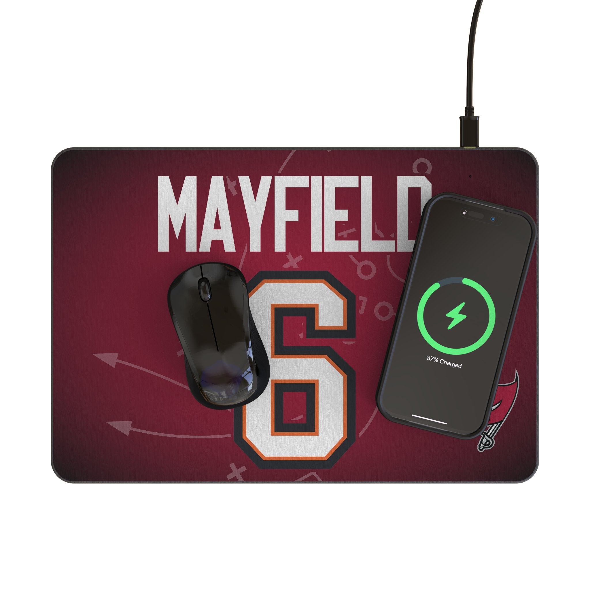 Baker Mayfield Tampa Bay Buccaneers Wireless Charging Mouse Pad - 15W Fast Charging Gaming Mousepad with 6 Game Tactics - Perfect for Football Fans, Office & Gaming Setup