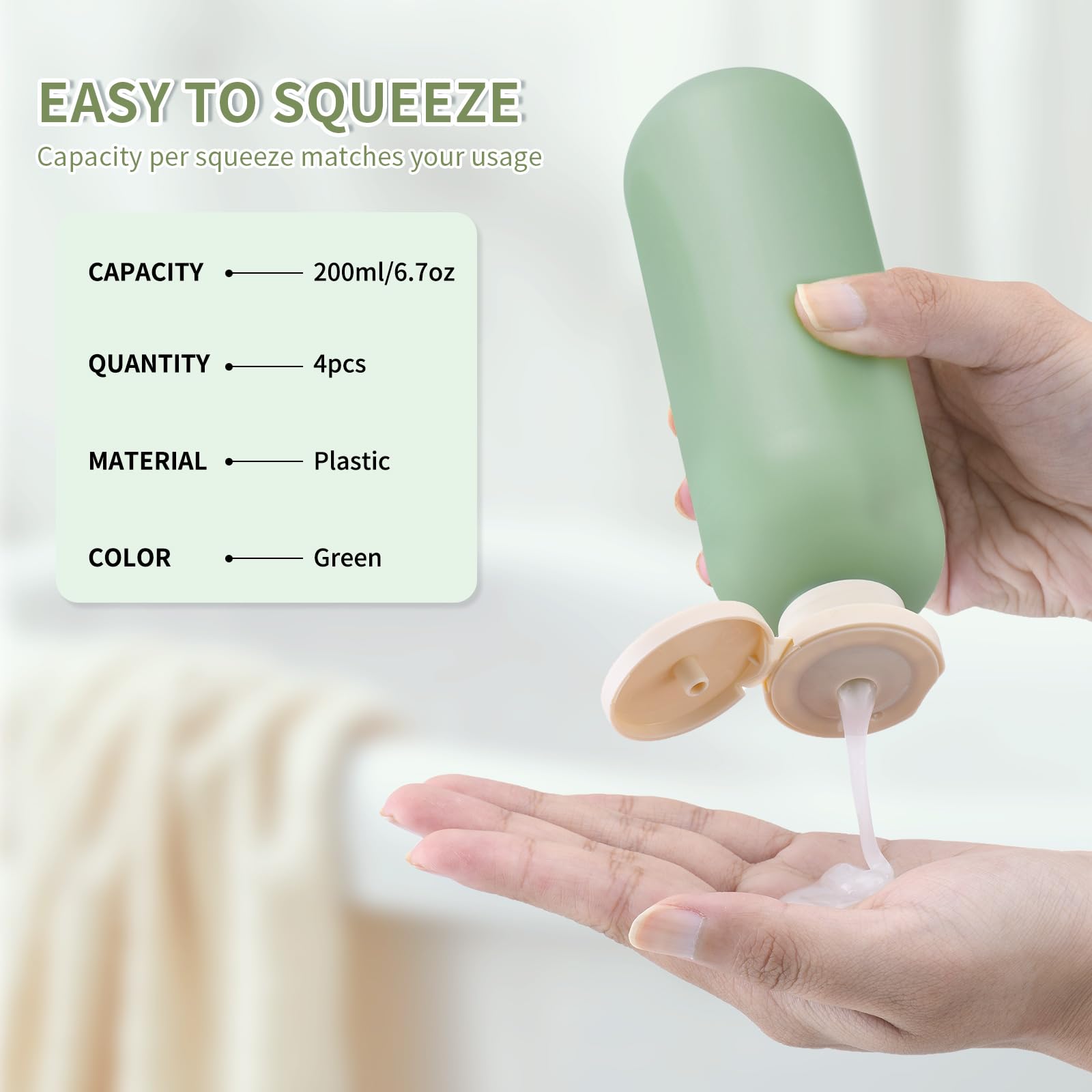 6.7oz (200ml) Empty Travel Shampoo Bottles with Flip Cap - 4 Pack Leak-Proof Plastic Squeeze Containers for Toiletries, Lotion & Cosmetics (Green) - Perfect for Travel, Gym, Camping & Home Use
