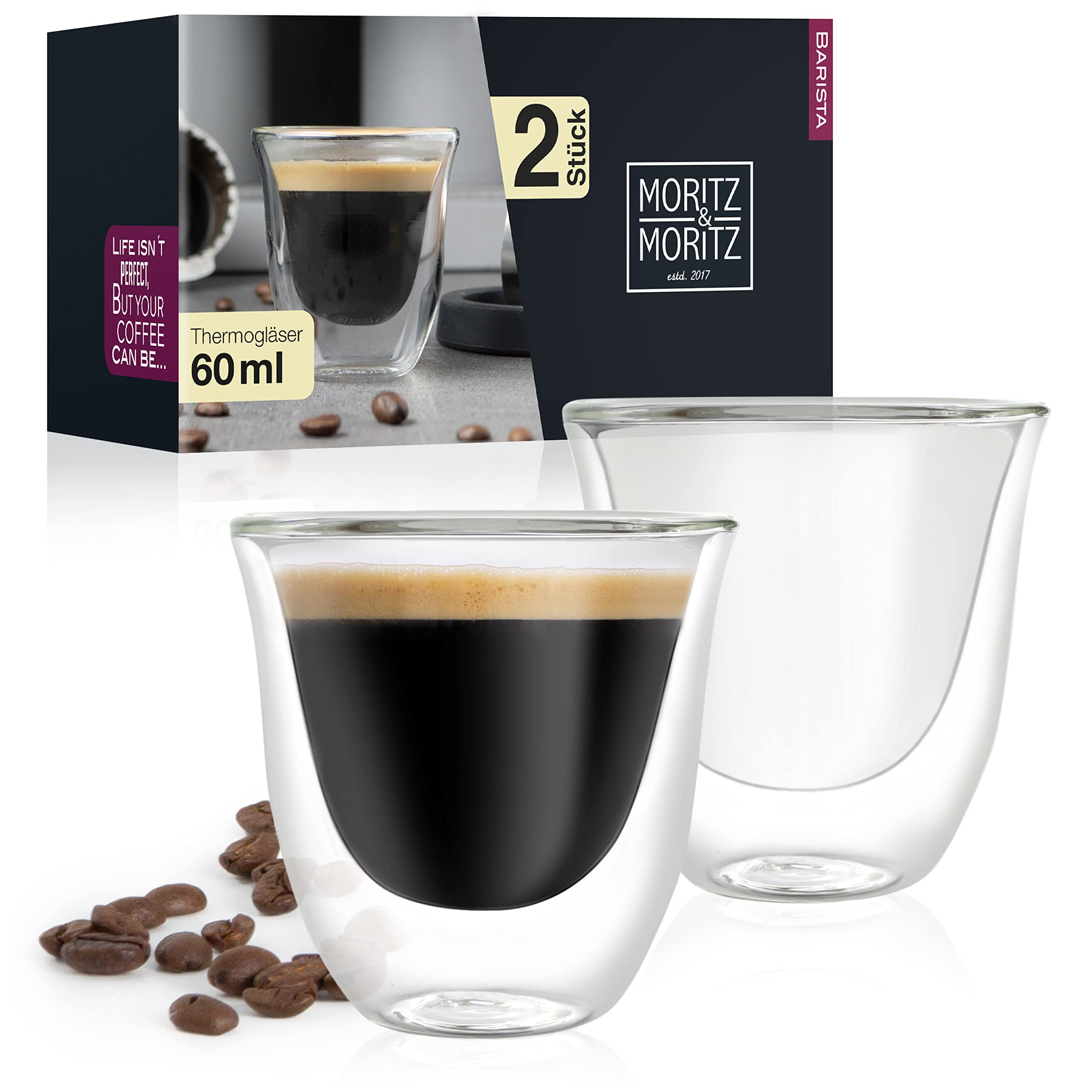 Moritz & Moritz Barista Napoli 2-Pack 60ml Double-Walled Glass Espresso Cups - Heat Resistant for Hot & Cold Beverages - Dishwasher Safe - Perfect for Home Cafes, Coffee Shops & Gifts