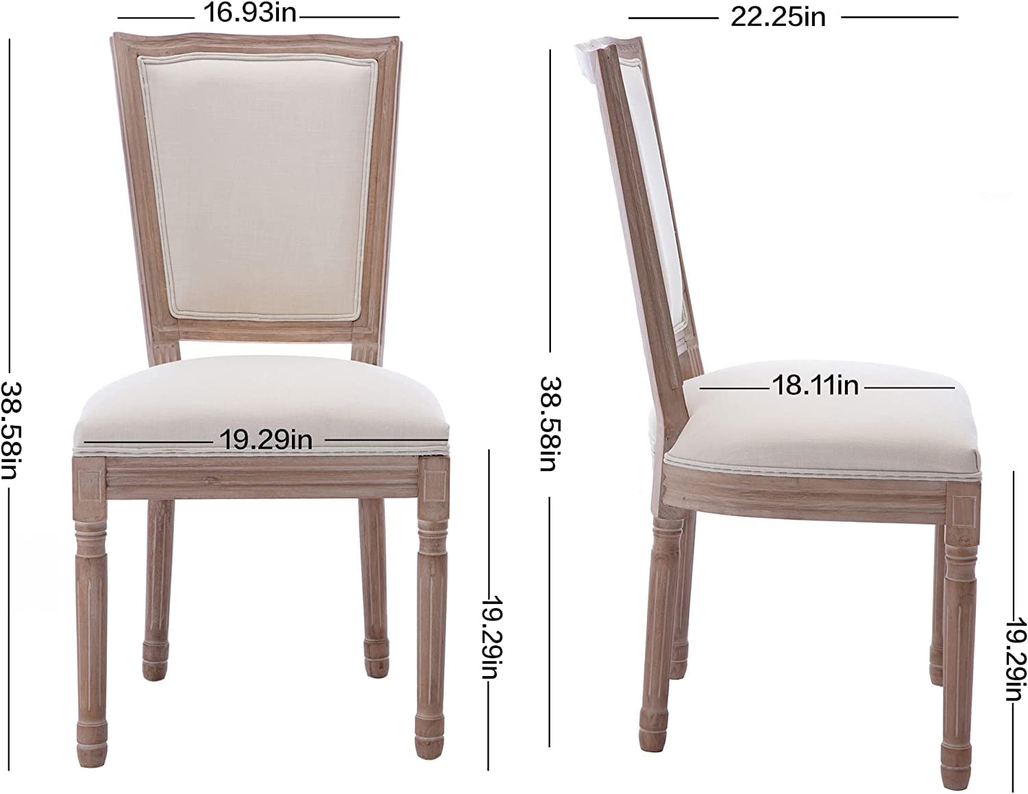 Nrizc Farmhouse Dining Chairs Set of 4 - French Country Square Back Bistro Chairs with Brown Wood Legs, Beige Upholstered Seats - Perfect for Dining Room, Kitchen, Living Room, Restaurant & Cafe Decor