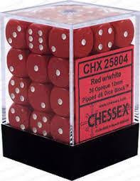 Chessex 36-Piece Opaque Red with White D6 Dice Set - 12mm Six-Sided Gaming Dice for Dungeons & Dragons, Board Games & RPGs
