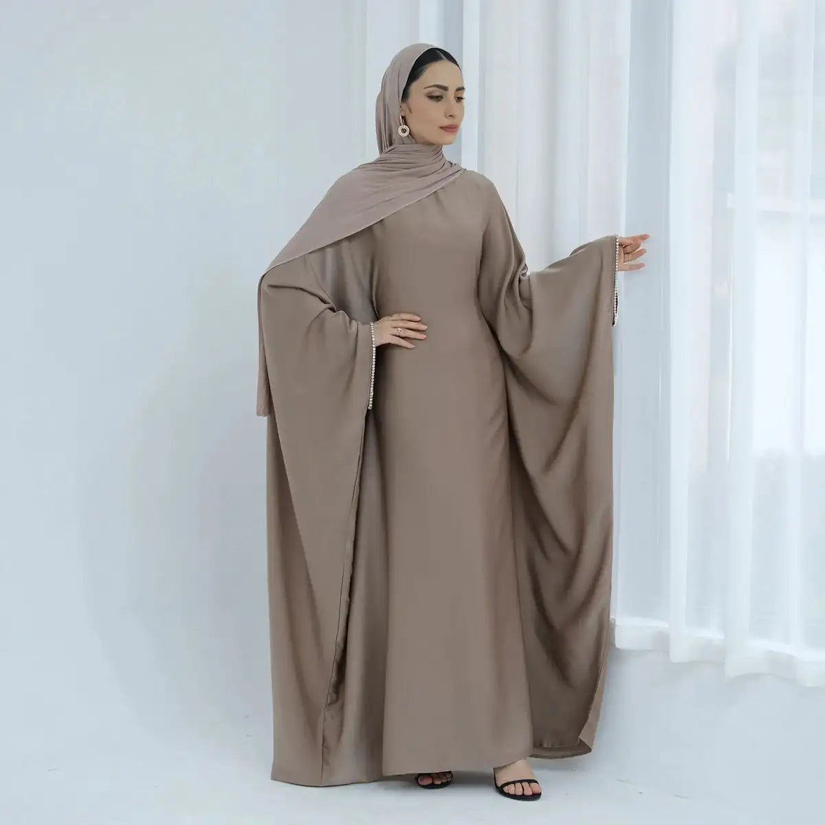 Elegant Beaded Batwing Sleeve Satin Farasha Abaya Dress for Women | Modest Islamic Evening Gown | Perfect for Weddings, Eid Celebrations & Special Occasions