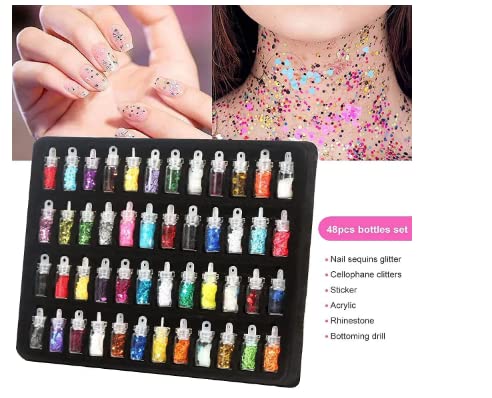 Premium 48-Piece Nail Art Kit with Glitter Stones, 100 Fake Nails, 15 Brushes & Dotting Tools - Complete DIY Manicure Set for Home Salon, Parties & Gift Giving