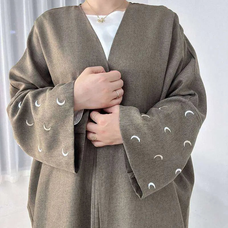 Moon Embroidery Cardigan Open Abaya Dress - Elegant Muslim Women's Outerwear for Prayer, Wedding & Special Occasions