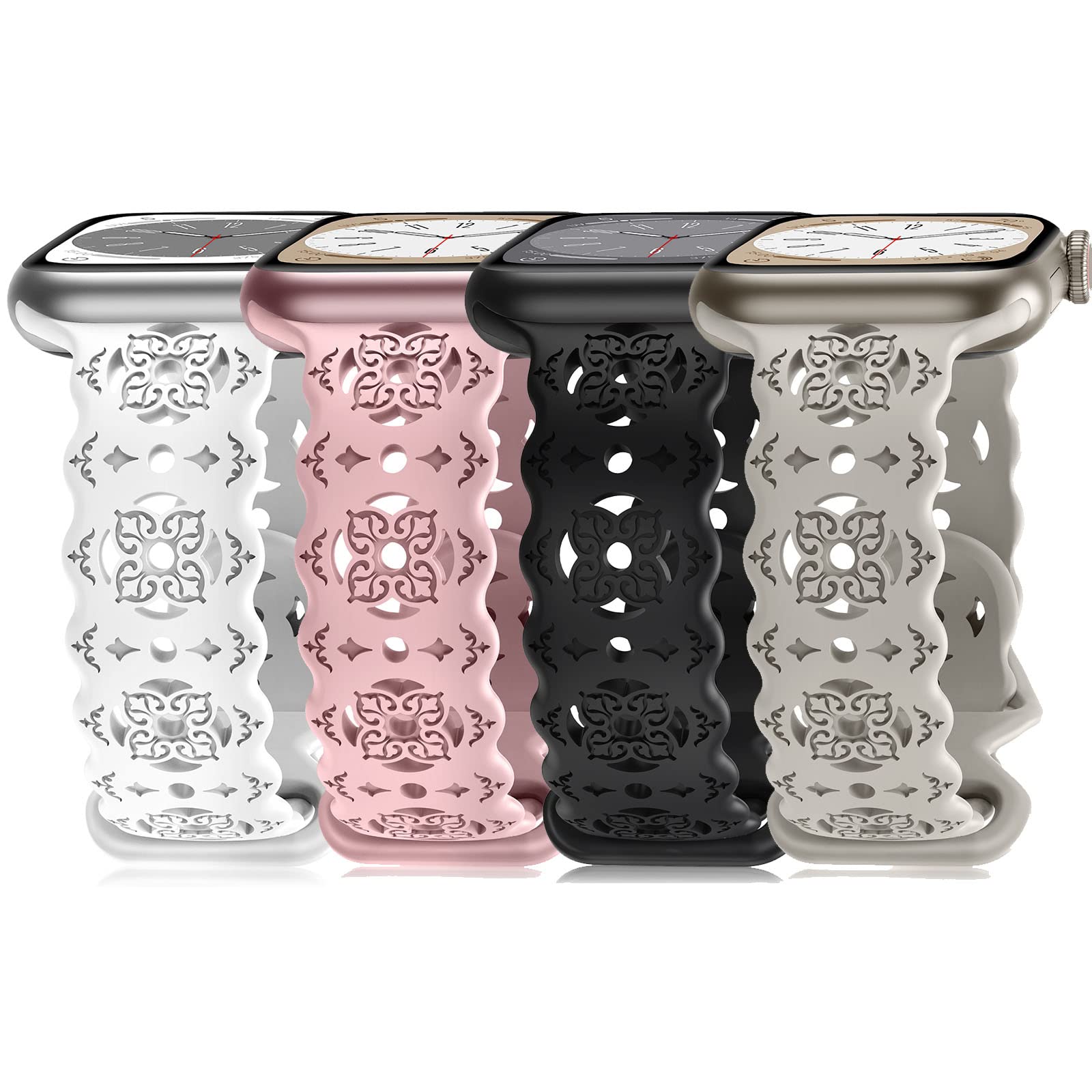 4 Pack Soft Silicone Flower Sport Bands Compatible with Apple Watch 38mm 40mm 41mm 42mm 44mm 45mm 49mm - Breathable Hollow Design for Women, iWatch Series Ultra/SE/8/7/6/5/4/3/2/1 - Perfect for Workouts, Running & Everyday Wear