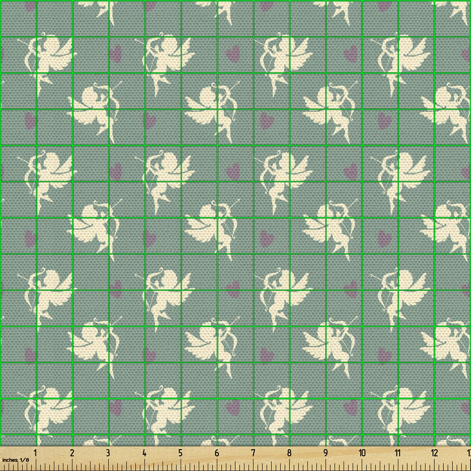 Ambesonne Green Fabric by The Yard - Greek Inspired Romance Cupid Silhouette with Hearts Print, Decorative Upholstery Fabric for Sofa, Curtains & Home Decor, 10 Yards, Jade Green Purple Cream - Perfect for DIY Projects, Pillow Covers & Table Runners