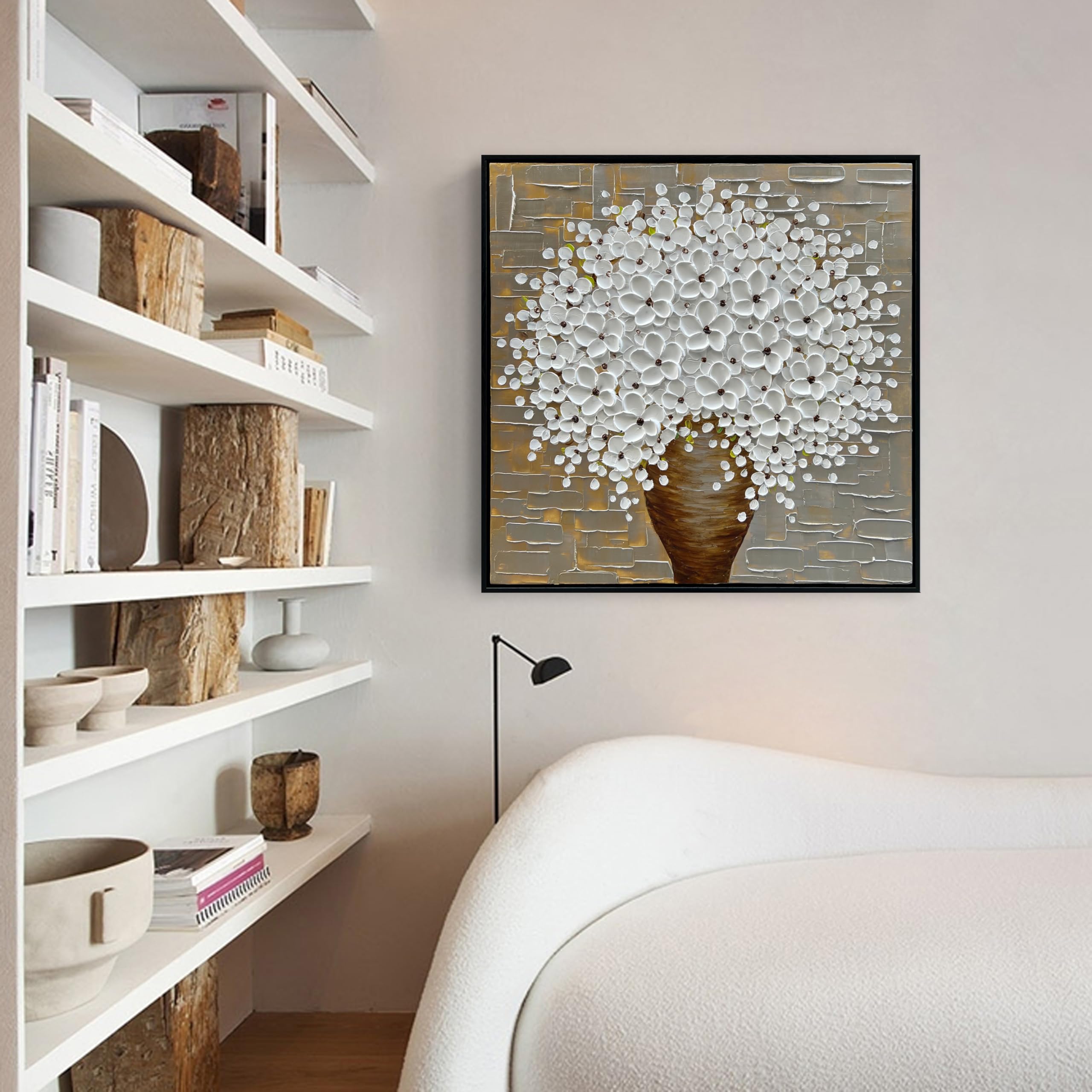 Hand-Painted 3D White Flower Oil Painting on Black Framed Canvas - 24x24 Inch Art Deco Wall Decor for Living Room, Bedroom & Office | Thick Texture Background Floral Mural