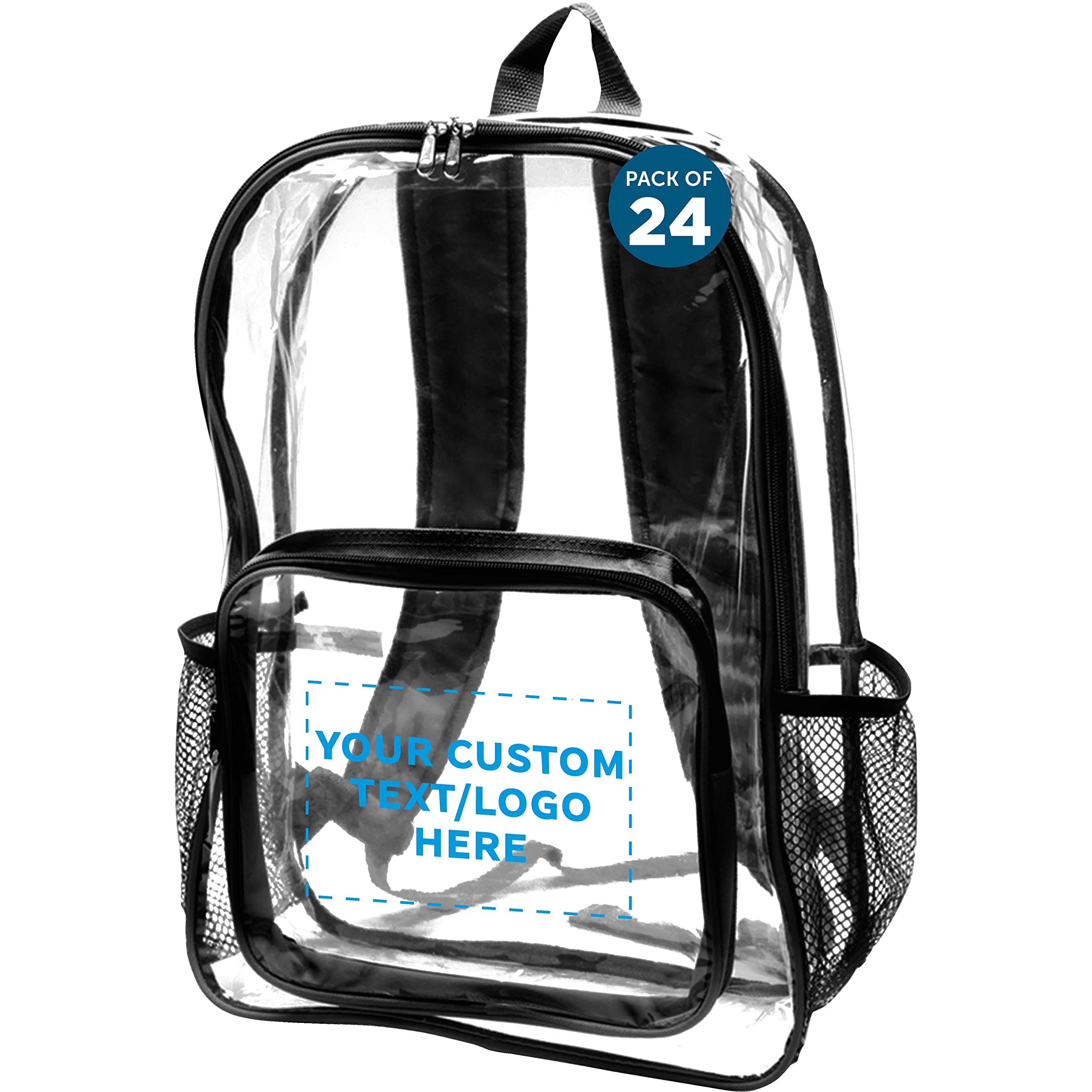 Custom Heavy Duty Clear PVC Backpacks - Set of 24 Bulk Pack, Water Resistant & Durable for Travel, School, Events & Security Use - Clear/Black Options Available