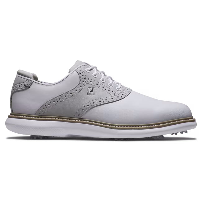 FootJoy Men's Traditions Golf Shoes - White/Grey/Tan | Comfortable Spiked Golf Shoes for Men | Perfect for Golf Course & Clubhouse Wear