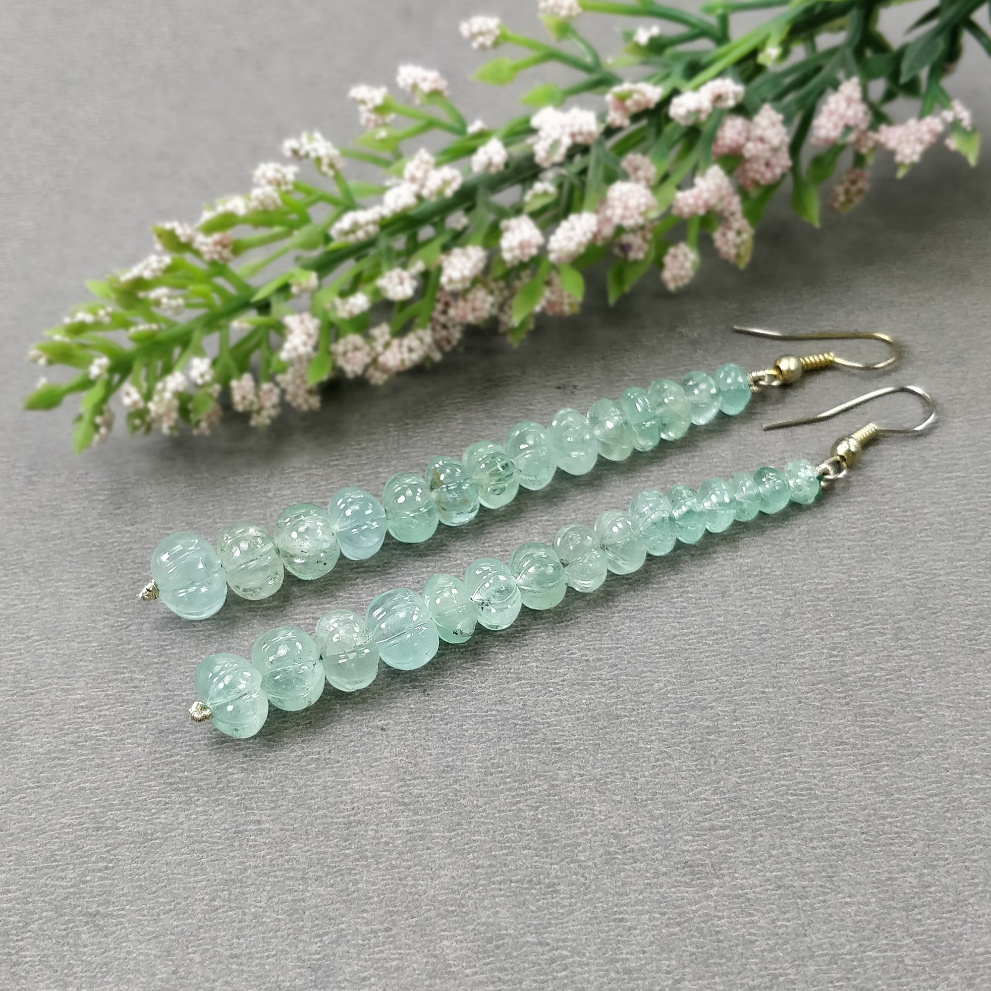 Natural Untreated Emerald Gemstone 925 Sterling Silver Beaded Hook Earrings - 50.10gms with 3.30ct Melon Beads | Elegant Jewelry for Women, Perfect for Weddings, Parties & Special Occasions