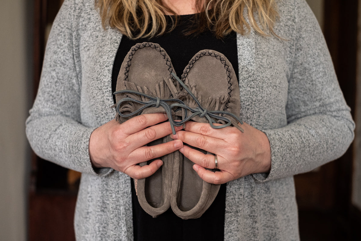 Women's Soft Sole Gray Suede Moccasins with Fringe - Comfortable Slip-On Shoes for Casual Wear, Home & Outdoor Use