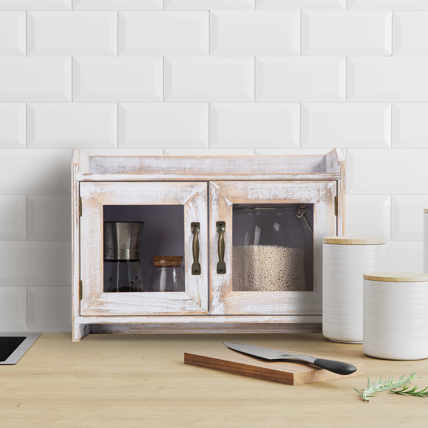 Rustic White Wood Countertop Storage Cabinet with Glass Doors - Farmhouse Style Organizer Shelf for Kitchen, Bathroom & Vanity - Perfect for Spice Racks, Makeup Storage & Small Item Organization