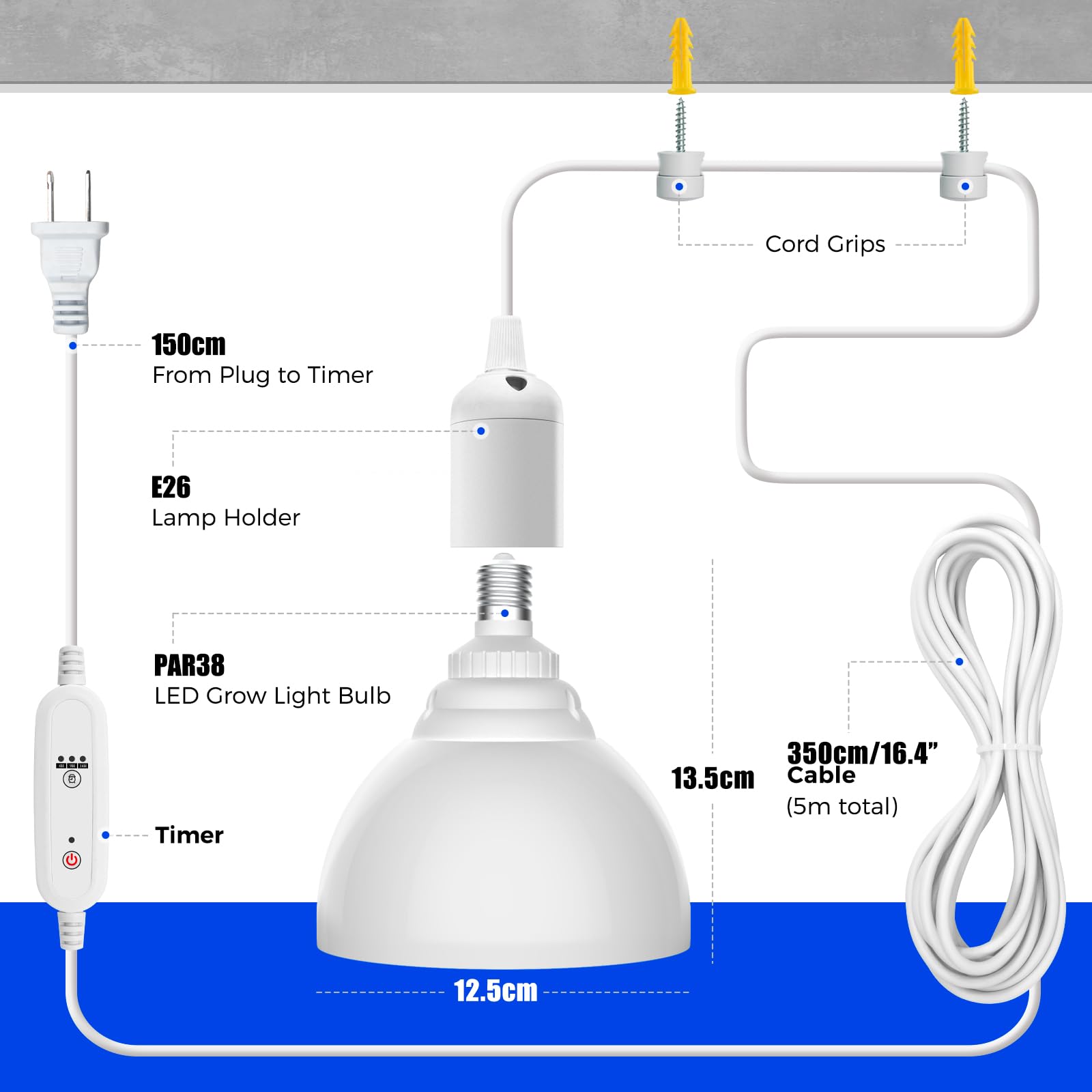 Barrina 25W Full Spectrum LED Grow Light Bulb with Timer - 4H/9H/14H Auto Timing & Hanging System - 16.4FT Power Cord for Indoor Plants - Perfect for Hydroponics, Greenhouses, and Home Gardening