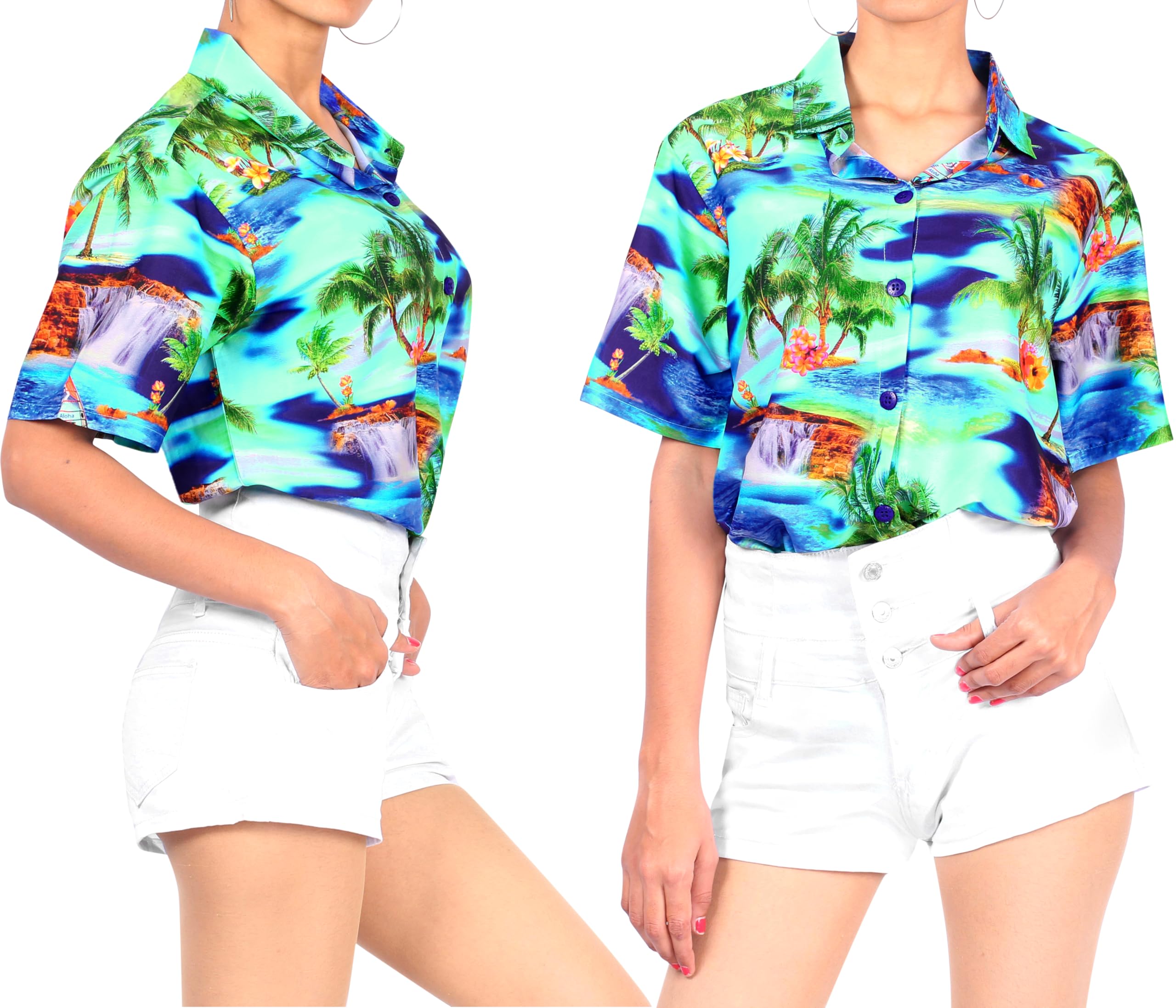 Happy Bay Women's Beach Short Sleeve Hawaiian Blouse Shirt - Floral Print Vacation Shirt for Summer, Pool Party & Tropical Getaway