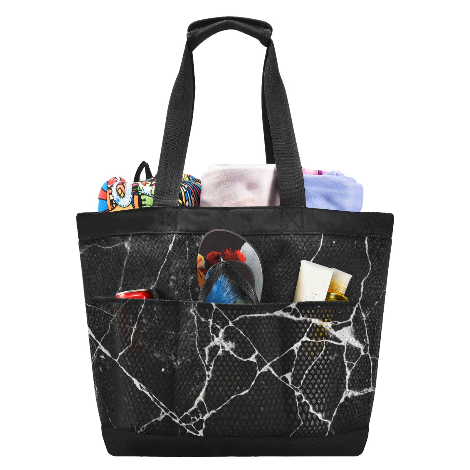 Waterproof Black Cracked Marble Beach Bag - Large Mesh Tote for Travel, Pool, Gym & Yoga - Stylish White Beach Essentials for Women | Perfect for Summer Vacation, Swimming & Outdoor Activities