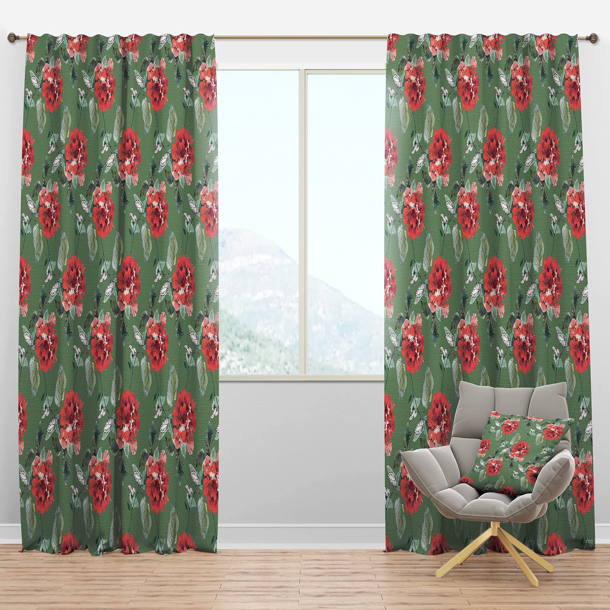 DesignQ Blackout Curtains 'Red Rose in Green' - Thermal Insulated Single Panel (52x108 inches) for Bedroom & Living Room - Noise Reducing & Energy Saving Window Drapes - Perfect for Home Theater, Nursery & Light Sleepers