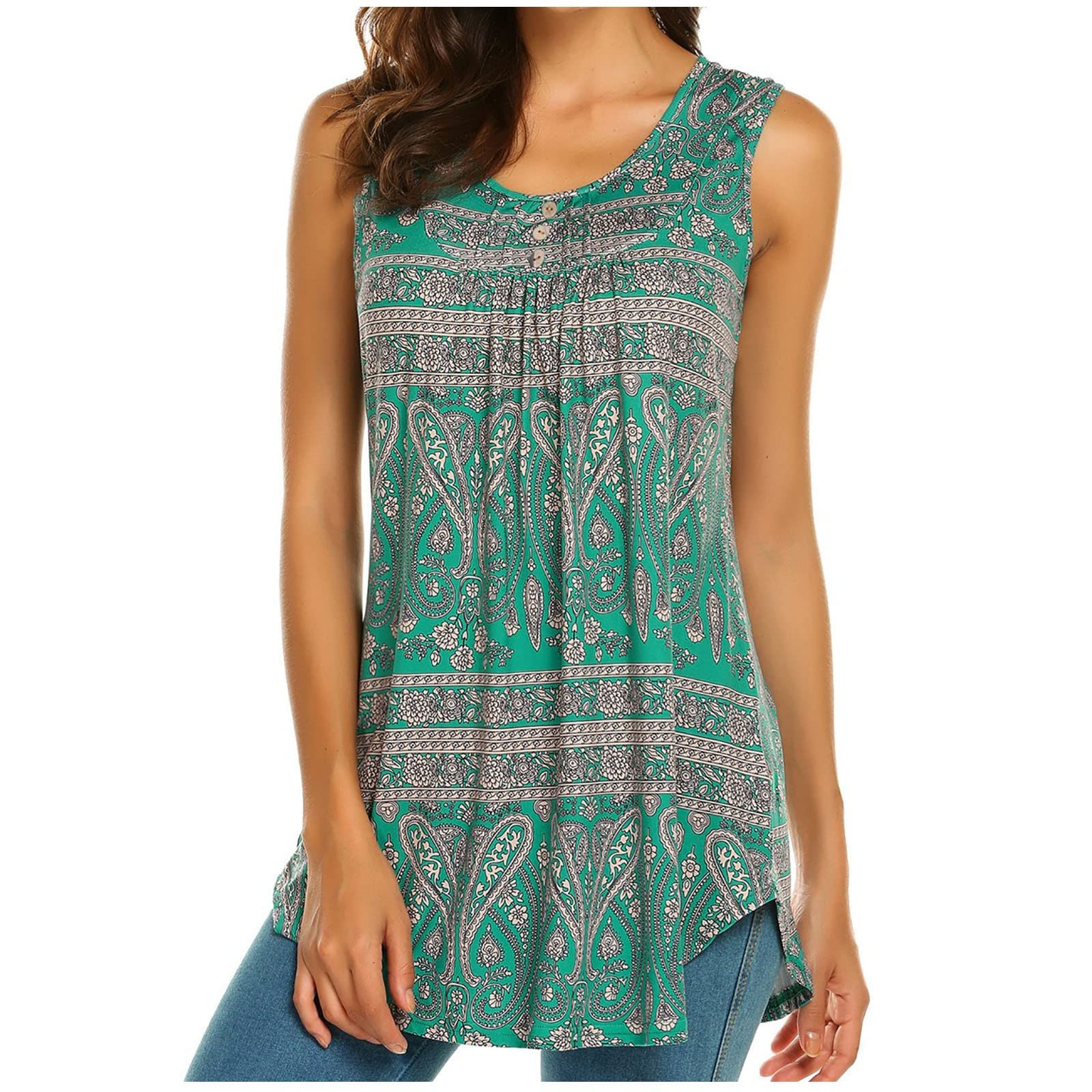 Boho Sleeveless Round Neck Pleated Tank Tops for Women - Plus Size Summer Blouses & Casual T-Shirts | Perfect for Beach Outfits, Music Festivals & Everyday Wear