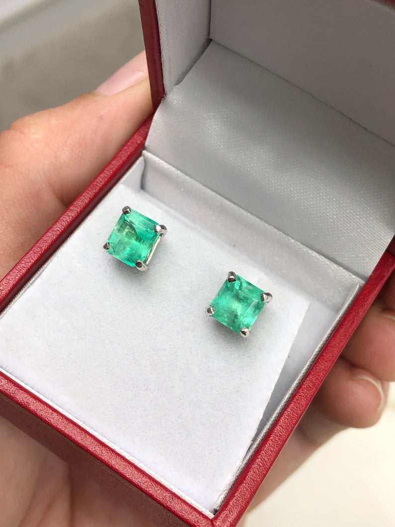 2.75tcw Asscher Cut Emerald Stud Earrings in 14K White Gold - Floral Inspired Design for Weddings, Parties & Special Occasions