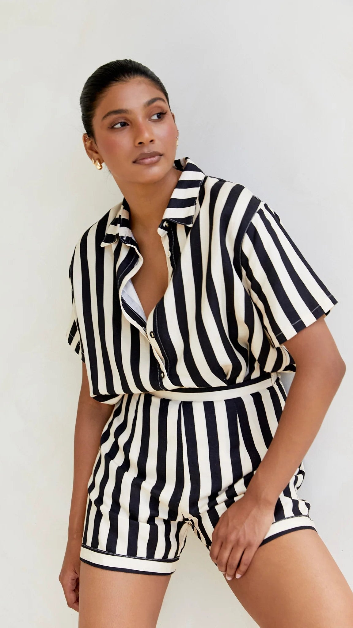 Essie Shirt - Black and Beige Striped Women's Casual Button Down Top for Work & Weekend Outfits