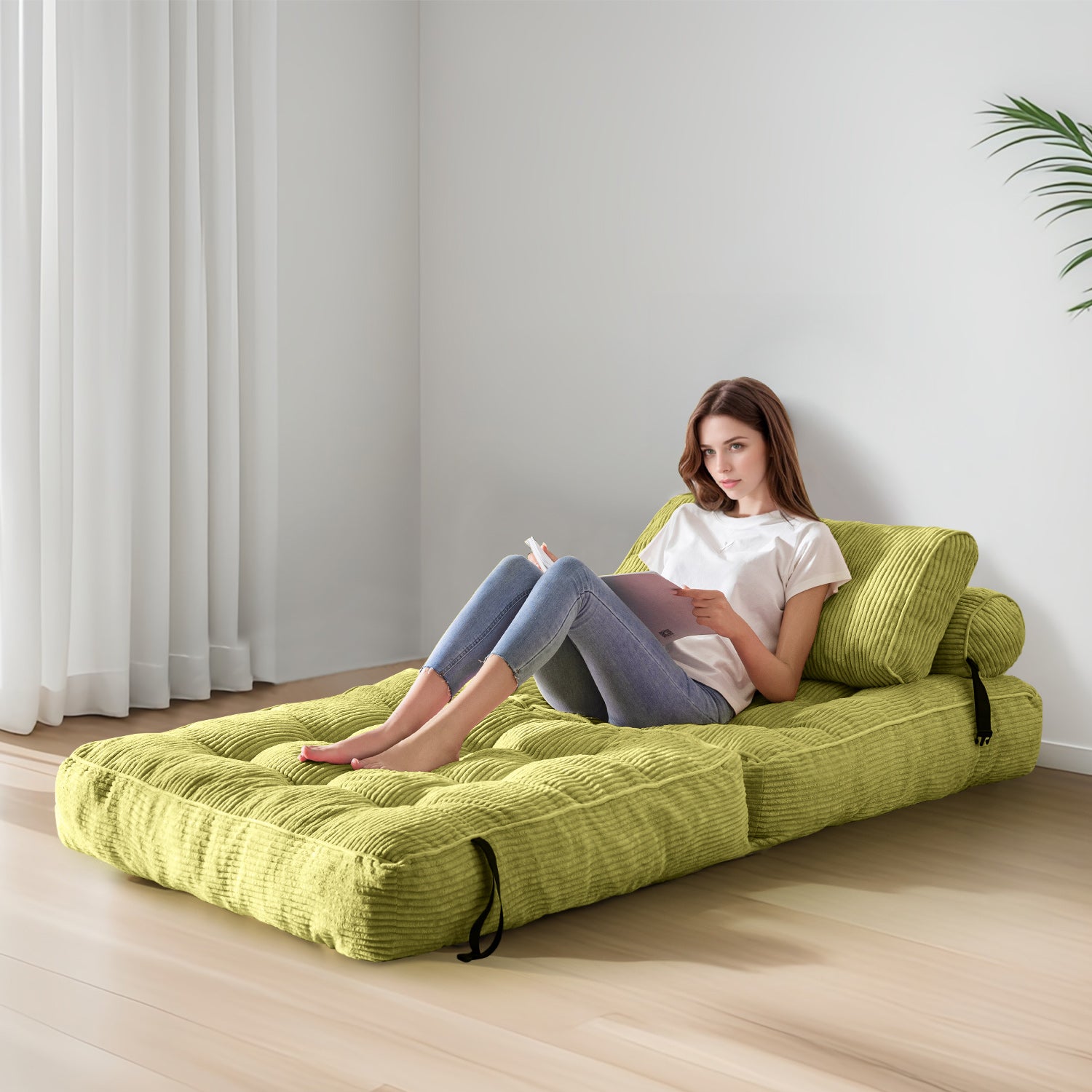 MAXYOYO Corduroy Folding Sofa Bed - Convertible Sleeper Chair with Pillow & Foldable Mattress, Back Support for Living Room, Guest Room & Small Spaces (Green) | Perfect for Apartments, Dorms & Home Offices