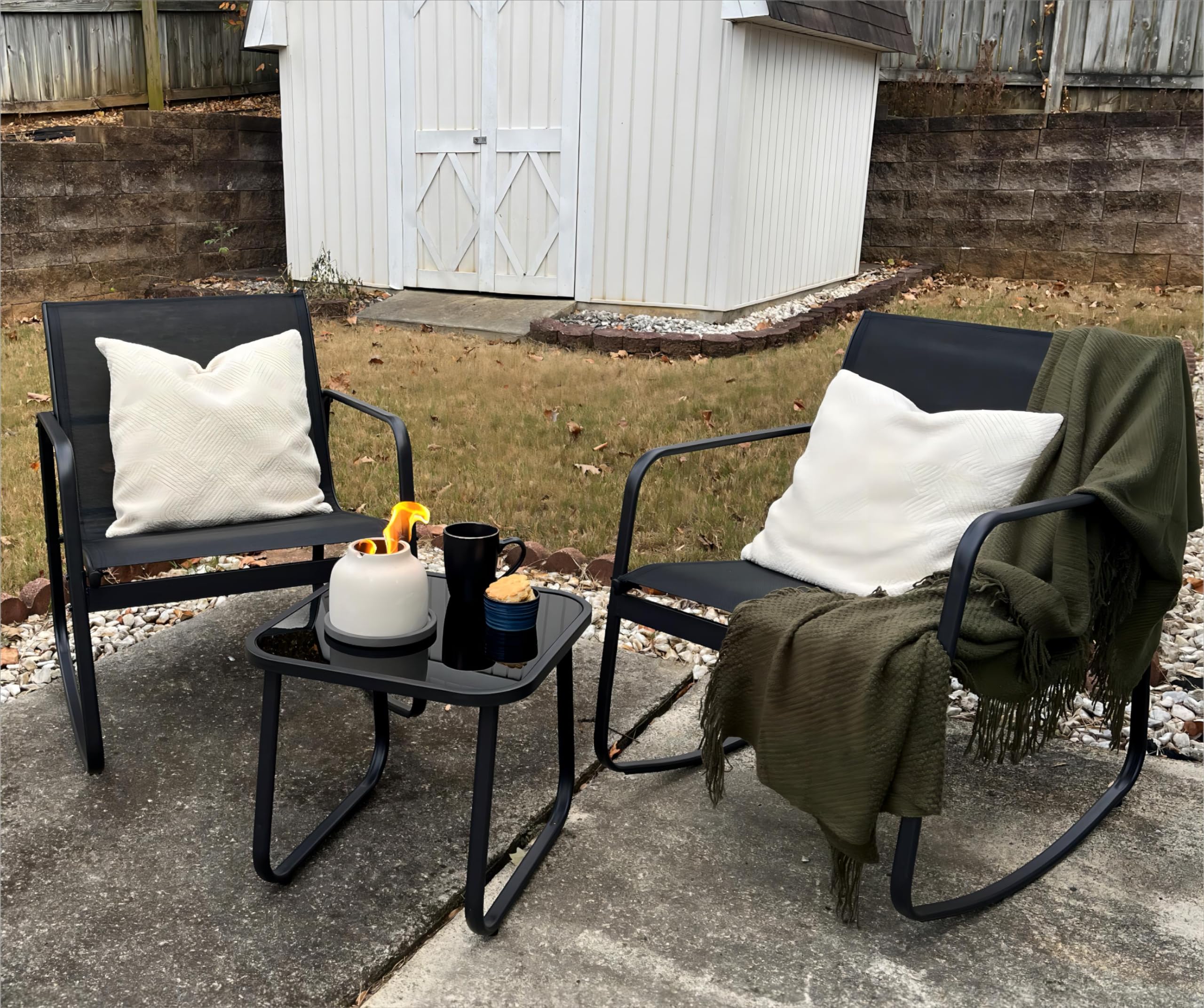 YITAHOME 3-Piece Outdoor Patio Furniture Set with Rocking Bistro Chairs & Tempered Glass Table - Textilene Fabric Conversation Set for Backyard, Garden, Balcony, Poolside (Black) | Perfect for Relaxing, Entertaining & Small Outdoor Spaces