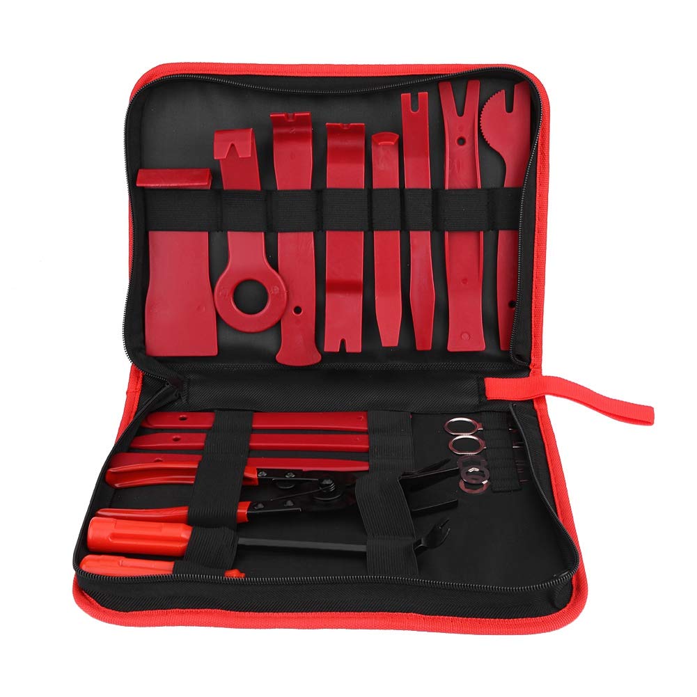 19-Piece Auto Interior Door Trim Panel Removal Tool Kit - Car Stereo Radio Pry Tool, Fastener Clip Pliers, Dashboard Removal Tools for Vehicle Repair (Red) - Perfect for DIY Car Maintenance & Professional Auto Detailing