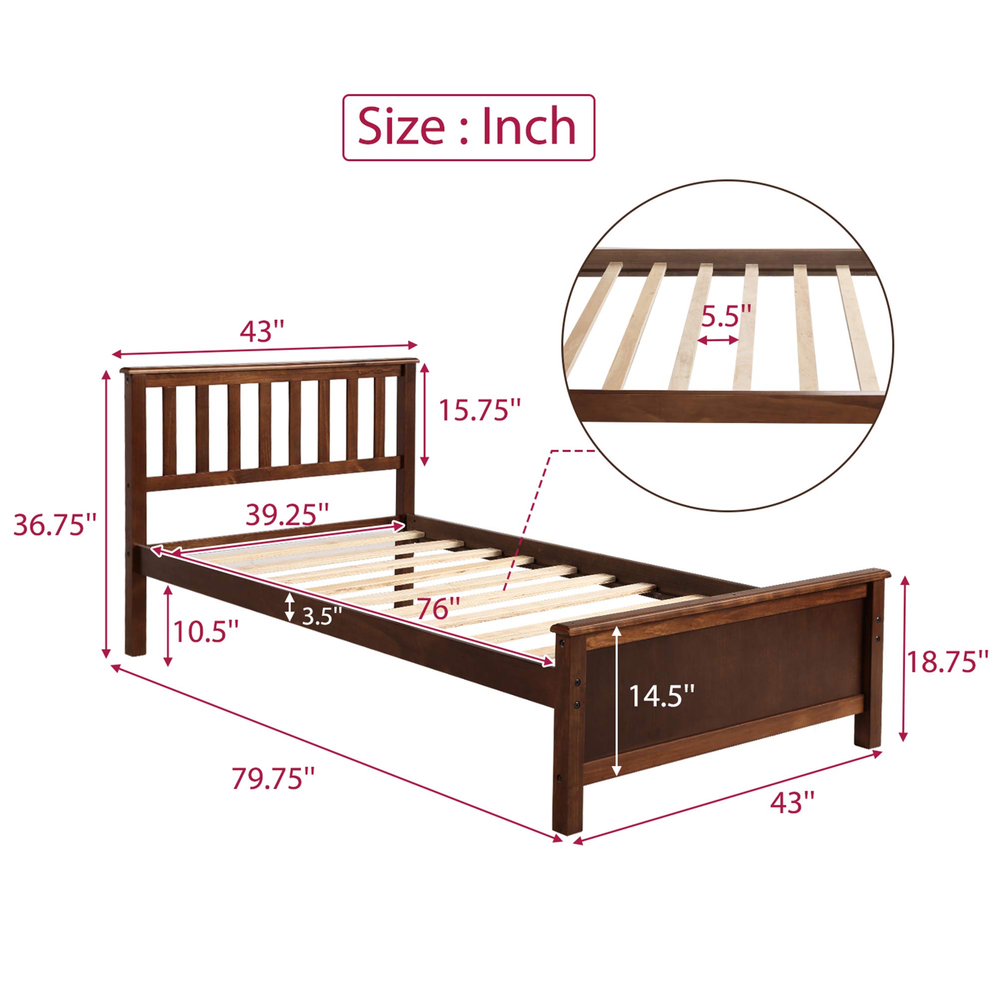 P PURLOVE Twin Size Wood Platform Bed Frame with Headboard & Footboard - Sturdy Wood Slat Support, No Box Spring Needed - Walnut Finish - Perfect for Small Bedrooms, Dorms & Guest Rooms