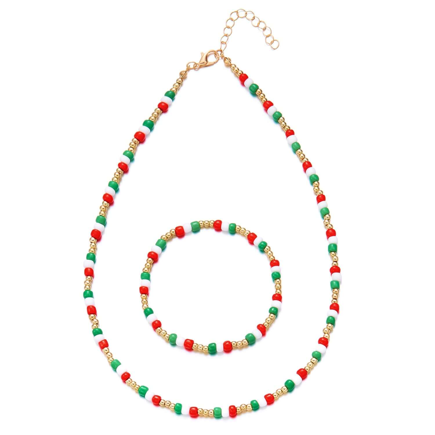 Vibrant Red Green Rainbow Seed Beads Christmas Jewelry Set - Choker Necklace & Bracelet | NC427 | Perfect for Holiday Parties, Gift Giving & Festive Outfits