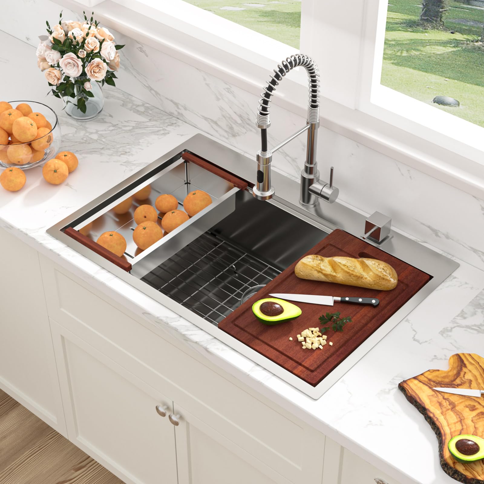 Sarlai 33x22 Inch Drop-In Kitchen Sink - 16 Gauge Stainless Steel Single Bowl Topmount Sink with Ledge Workstation, Deep Basin & Rounded Corners - Perfect for Modern Kitchens, Food Prep & Dishwashing