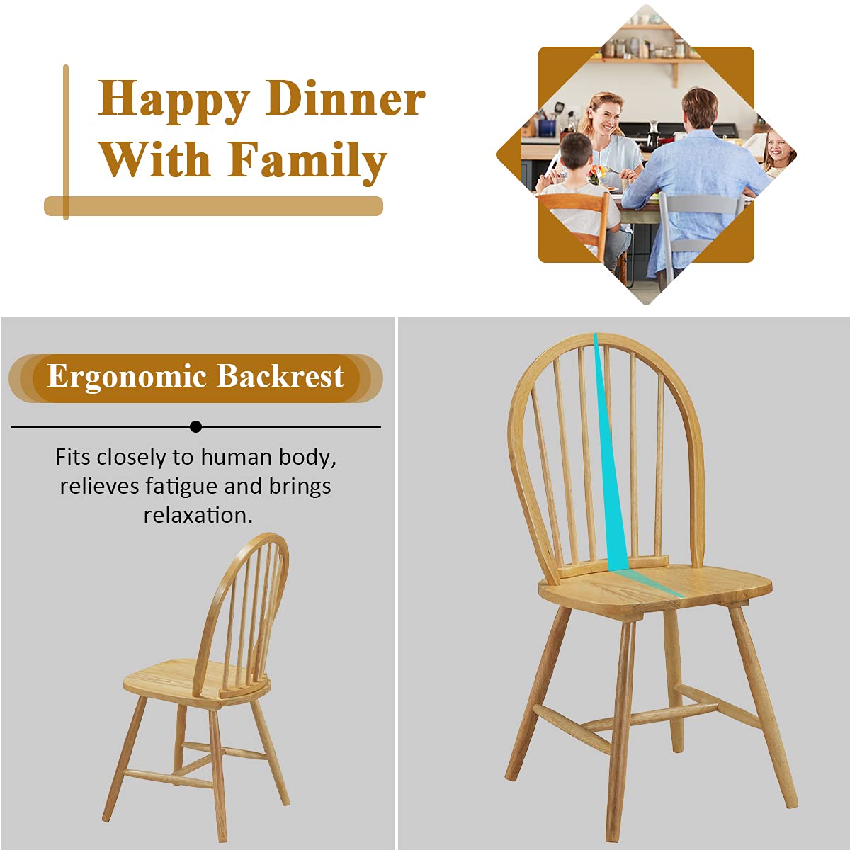 KOTEK Solid Wood Dining Chairs Set of 4 - Natural Windsor Spindle Back Chairs with Wide Seat - Farmhouse Style Side Chairs for Dining Room, Kitchen, Restaurant & Home Decor - Perfect for Family Gatherings, Dinner Parties and Country Style Interior Design