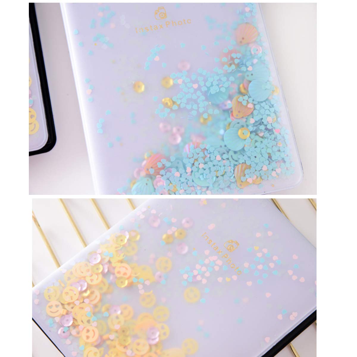 Uniuni Quicksand Rhinestone Photo Album - 32 Pockets Scrapbook for Fujifilm Instax Wide 300/210 Film, 5 Inch Pictures, Love Smile Face & Seashell Design, Name Card Holder (Pink) - Perfect for Wedding, Baby Shower & Party Memories