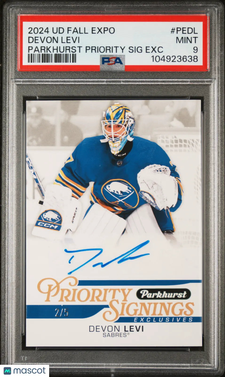 2024 Upper Deck Fall Expo Parkhurst Priority Auto Exclusives Devon Levi PSA 9/5 Hockey Card - Rare Collectible for Sports Memorabilia Enthusiasts - Perfect for Trading, Displaying, and Investing
