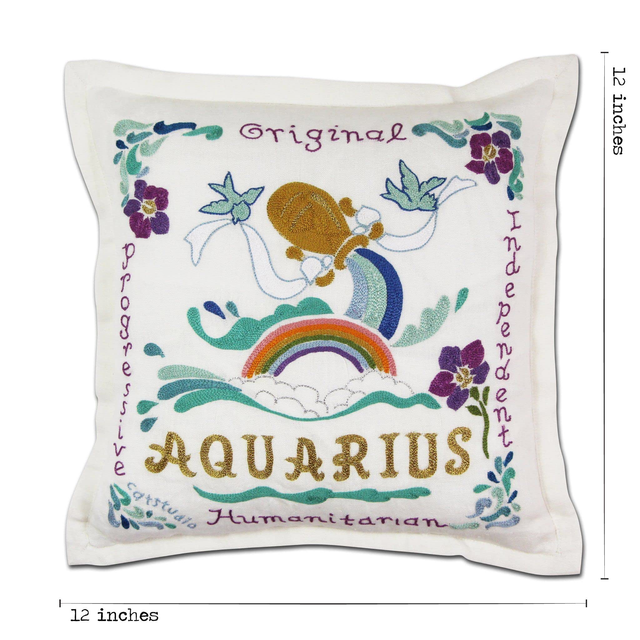 Catstudio Astrology Hand Embroidered Aquarius Zodiac Sign Pillow - Decorative Throw & Couch Pillow for January & February Birthdays - Perfect Aquarius Gift for Home Decor, Sofa, Bedroom & Living Room