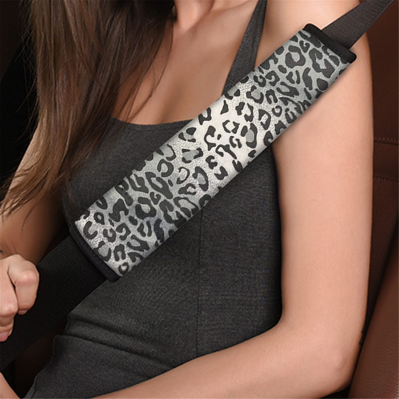 Dreaweet Grey Leopard Print Seat Belt Covers for Adults & Kids - 2 Pack Universal Soft Car Seatbelt Pads - Safe & Stylish Accessory for Comfortable Driving, Long Trips, and Road Safety