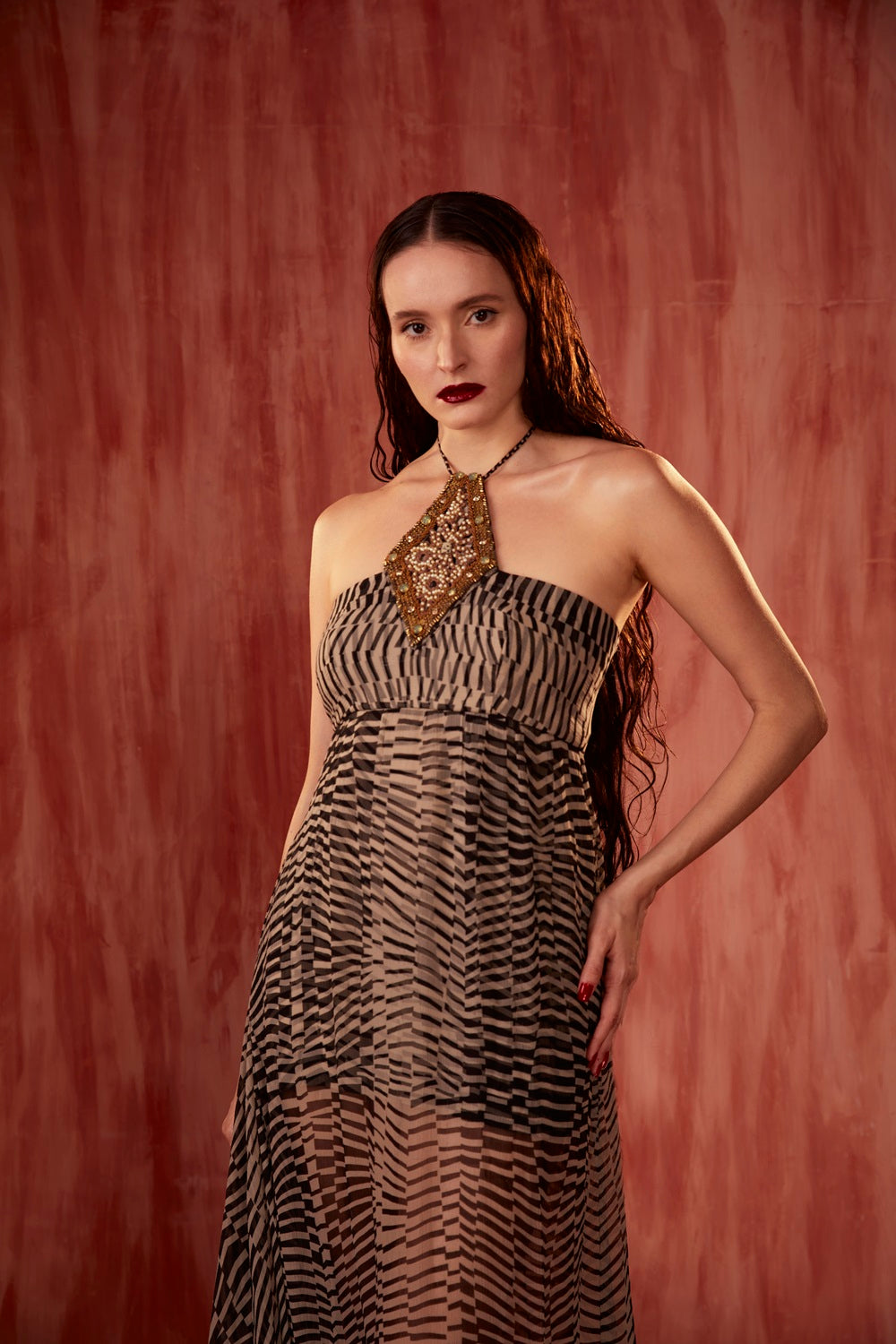 Elegant Black & White Byzantine Halter Maxi Dress with Pearl Cutwork Embroidery - Perfect for Evening Parties, Weddings & Special Occasions