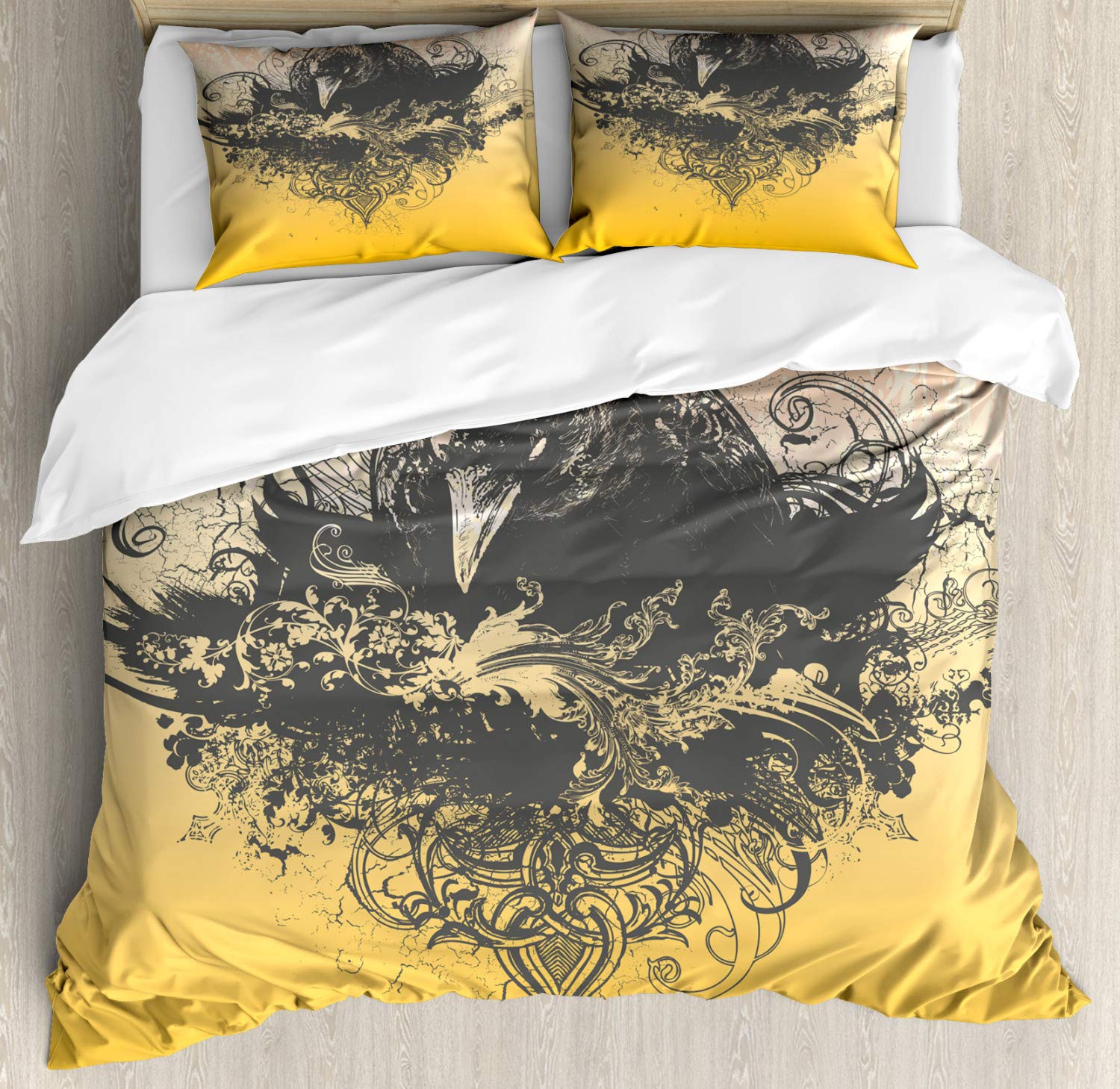 Ambesonne Halloween Duvet Cover Set - King Size Black & Mustard Gothic Bedding with Wicked Crow & Floral Print | 3-Piece Decor Set Includes 2 Pillow Shams | Perfect for Spooky Bedroom Decor, Themed Parties & Gothic Home Styling