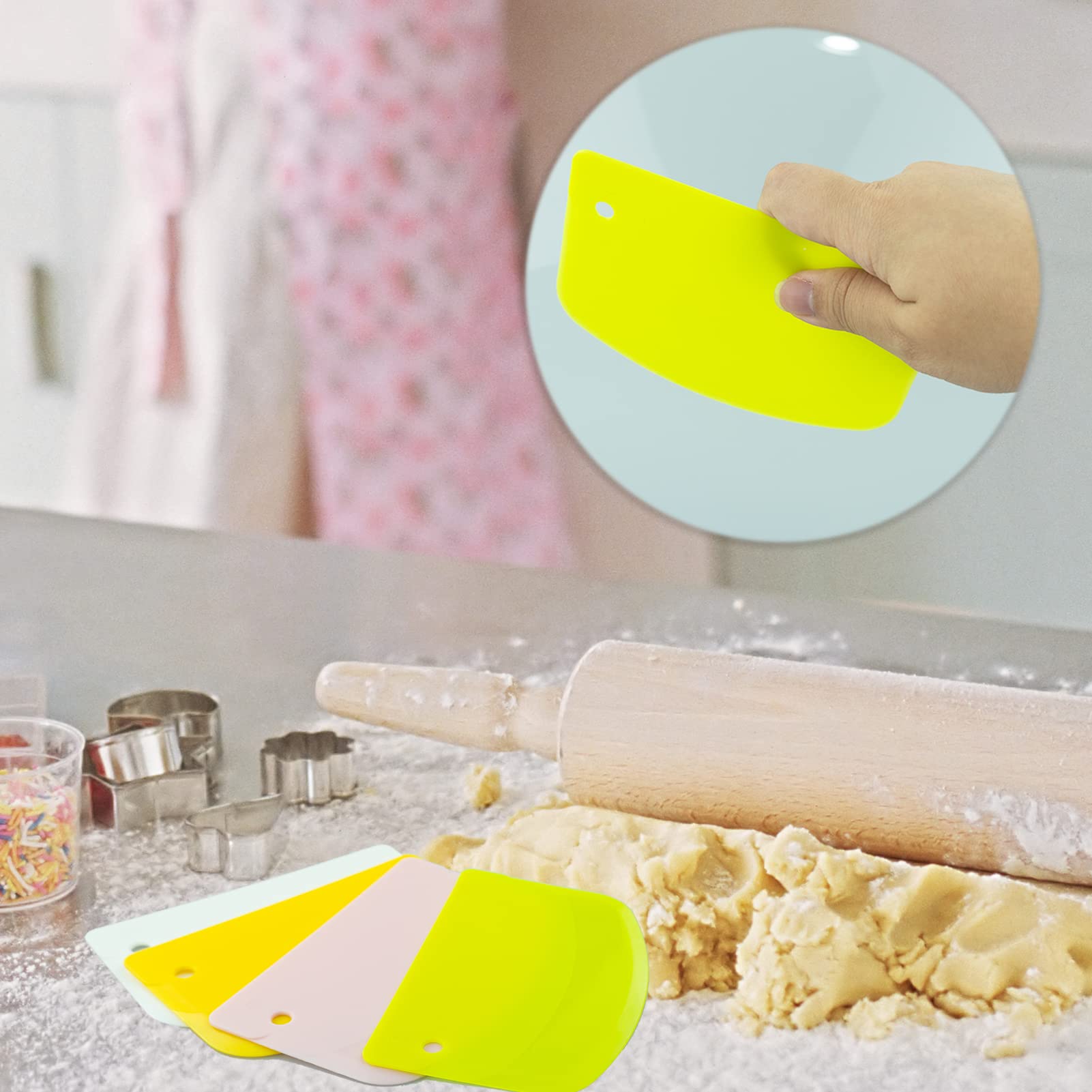 4Pcs 4.7x3.7inch Plastic Dough Scraper Set - Multi-Purpose Kitchen Tool for Baking, Pastry, Cake, Bread & Pizza Dough | Includes Bowl Scraper & Food Cutter (Yellow, Green, Pink, White) | Perfect for Home Bakers & Professional Chefs