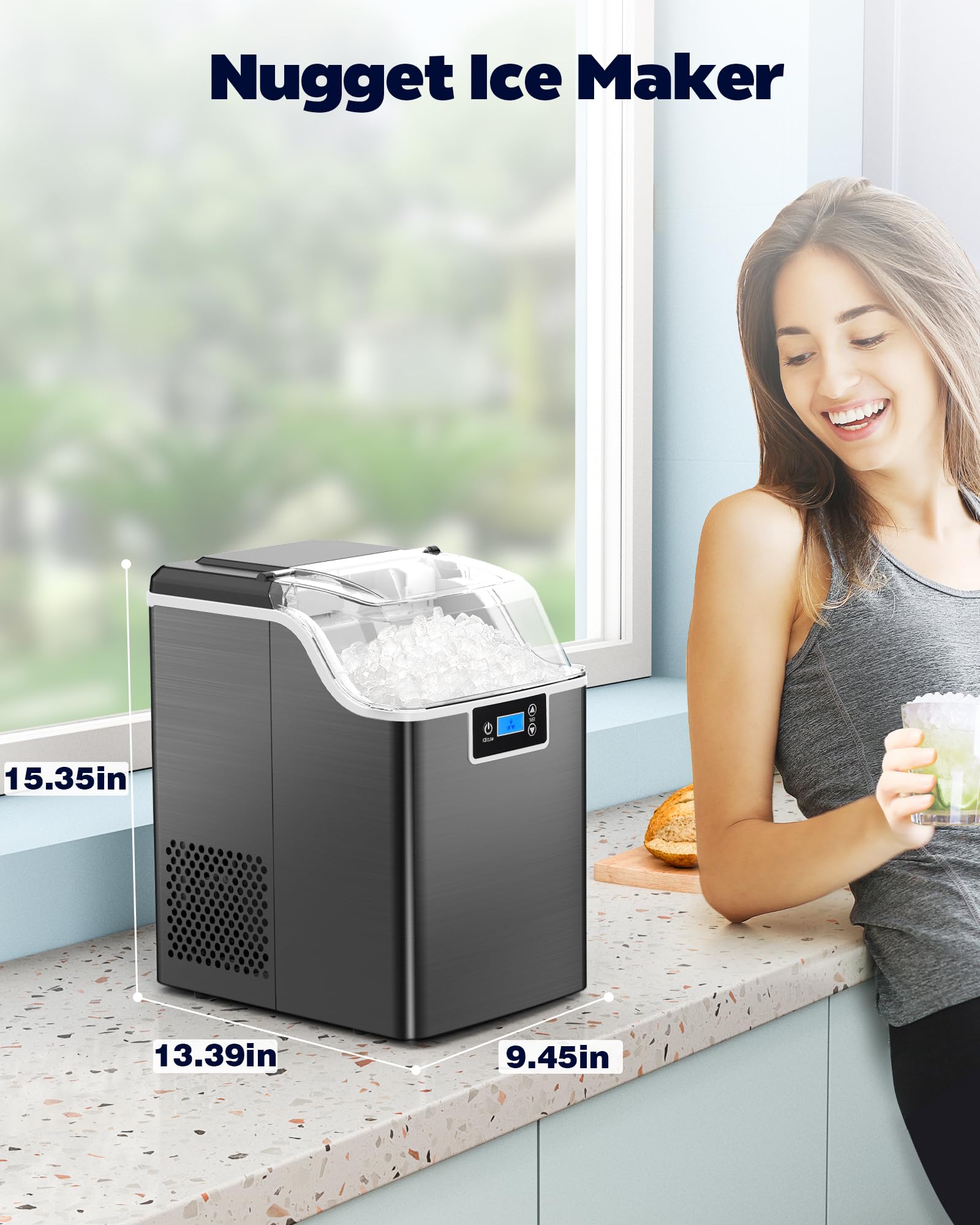 Kndko Countertop Nugget Ice Maker - 45lbs/Day Crushed Ice Machine with 24H Timer & Self-Cleaning | Stainless Steel Black | Perfect for Home Bars, Parties, and Office Break Rooms