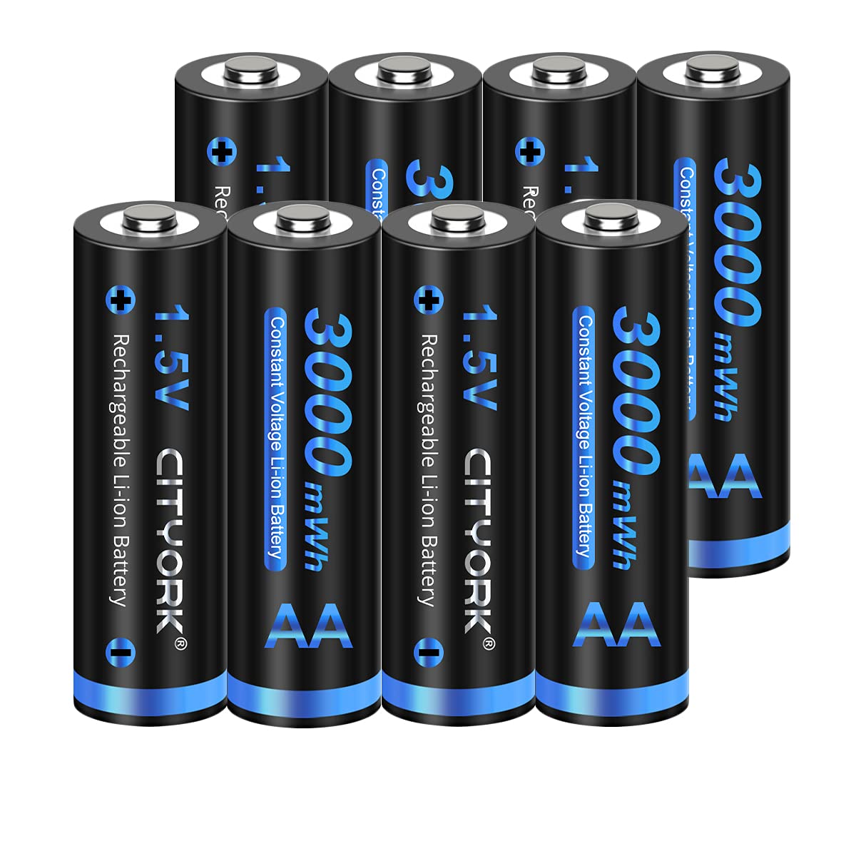 CITYORK 1.5V AA Rechargeable Lithium Batteries 3000mWh High Capacity - 8 Pack Long Lasting Batteries for Cameras, Flashlights, Toys and Electronics - Best for Home & Office Use