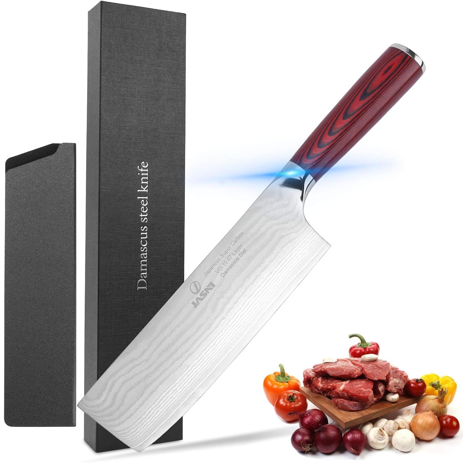 Jasni Professional 7-Inch Japanese Nakiri Knife - High Carbon VG10 Damascus Steel, Ultra Sharp 67-Layer Forged Blade - Perfect for Chopping Vegetables, Fruits & Sushi Preparation - Ideal for Home Chefs & Professional Kitchens