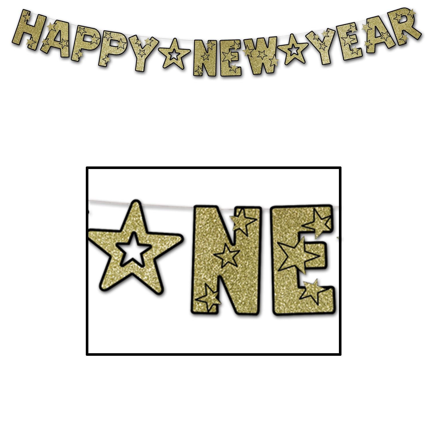 12 Pack Beistle Glittered Happy New Year Streamers - Black & Gold Party Decorations for New Year's Eve, Christmas, Birthday & Holiday Celebrations