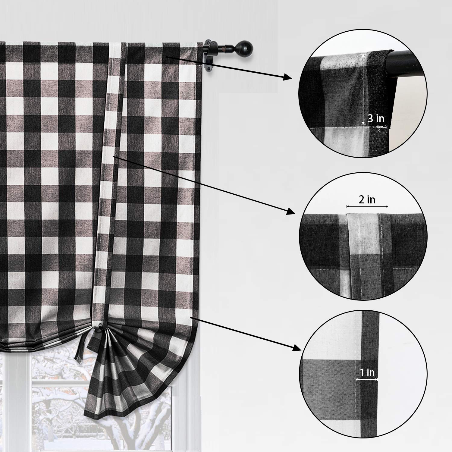 Buffalo Check Tie Up Kitchen Window Curtain - Adjustable Plaid Gingham Farmhouse Shade with Rod Pocket for Bathroom, 42 x 54 Inches, Black & White - Perfect for Rustic Home Decor & Cozy Farmhouse Style