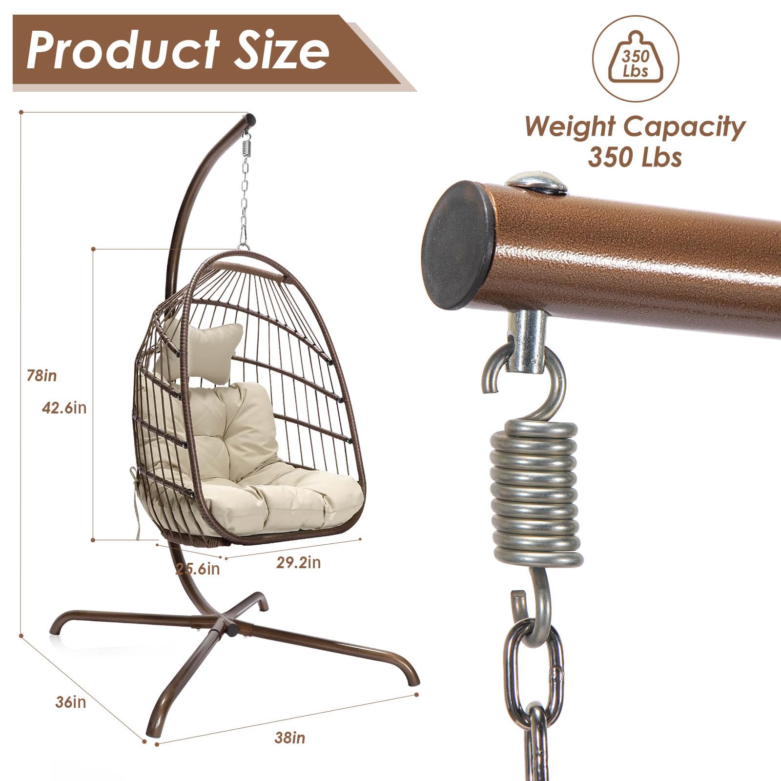 **NICESOUL Indoor/Outdoor Swing Egg Chair - Patio Wicker Hanging Chair with Stand, All-Weather Egg Hammock with Cushions, 350lb Capacity - Perfect for Backyard, Balcony, or Garden Relaxation (Brown)**