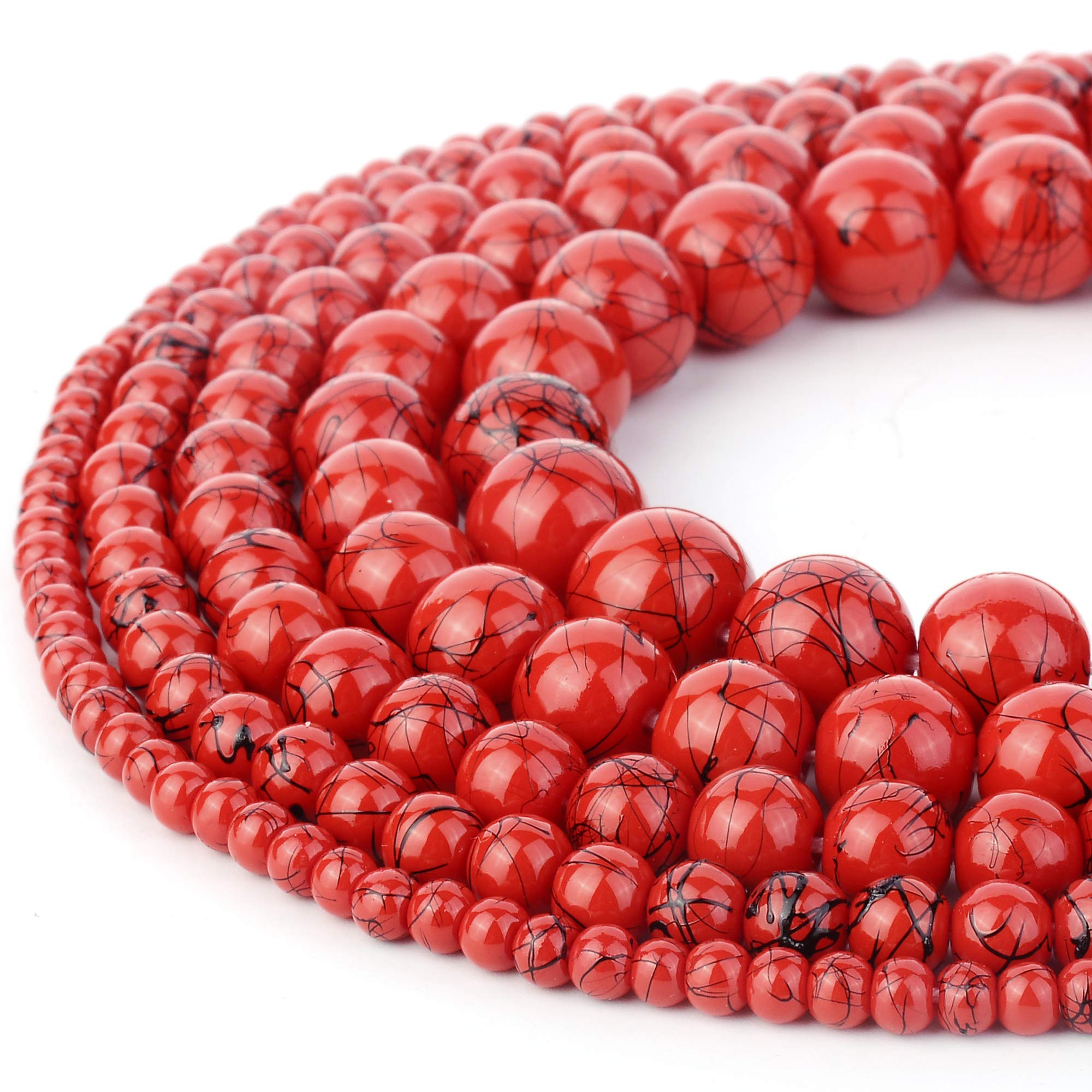 300pcs Mixed Size Glass Beads for DIY Jewelry Making - Opaque Red & Black Paint Splatter Design - Perfect for Bracelets, Necklaces, Earrings & Craft Projects