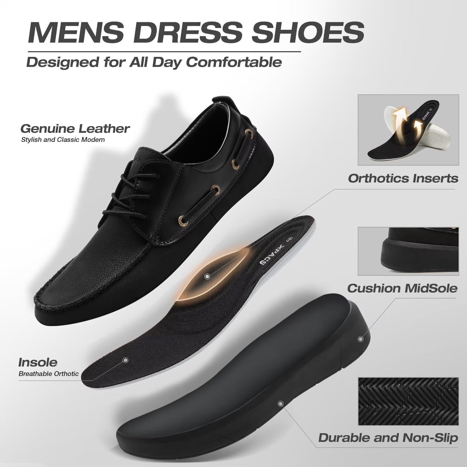 XPACS Men's Orthopedic Leather Dress Shoes for Walking - Arch Support Sneakers for Plantar Fasciitis & Flat Feet Relief - Comfortable Orthotic Casual Business & Work Shoes for Heel Pain - Perfect for Office, Travel & Daily Wear