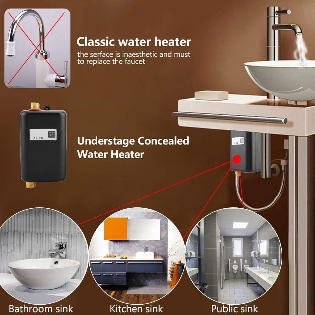Krisy 110V 3000W Mini Electric Tankless Water Heater - Instant Hot Water for Bathroom, Kitchen & Washing - Energy Efficient, Compact Design with US Plug (Black) - Perfect for Small Homes, Apartments & RV Use