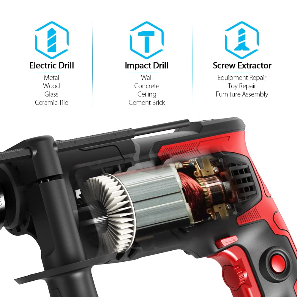 850W Heavy Duty Hammer Drill - 1/2 Inch 7 Amp Corded Impact Drill with 0-3000 RPM Variable Speed, 2-in-1 Hammer & Drill Function for Concrete, Steel, Wood & Plastic - Perfect for Construction, DIY Projects & Home Repairs