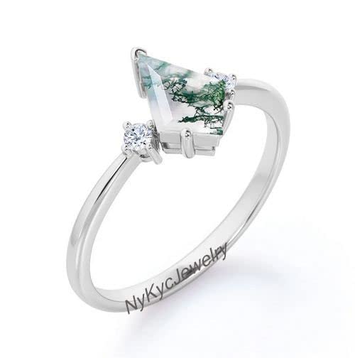 Kite Shaped Moss Agate Women's Ring - 925 Sterling Silver Engagement & Wedding Ring - Vintage Gold Moss Agate Jewelry - Unique Green Gemstone Ring for Her - Perfect for Proposals, Anniversaries & Special Occasions