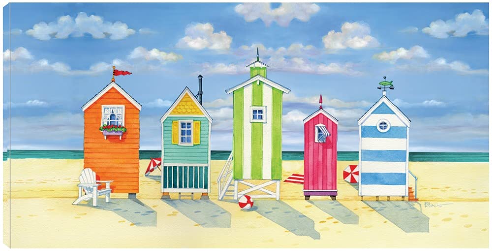 Brighton Beach Huts Canvas Wall Art by Paul Brent - 40x21 Inch Ready to Hang Painting for Living Room, Bedroom, Office Decor - Coastal Themed Home & Beach House Wall Decor