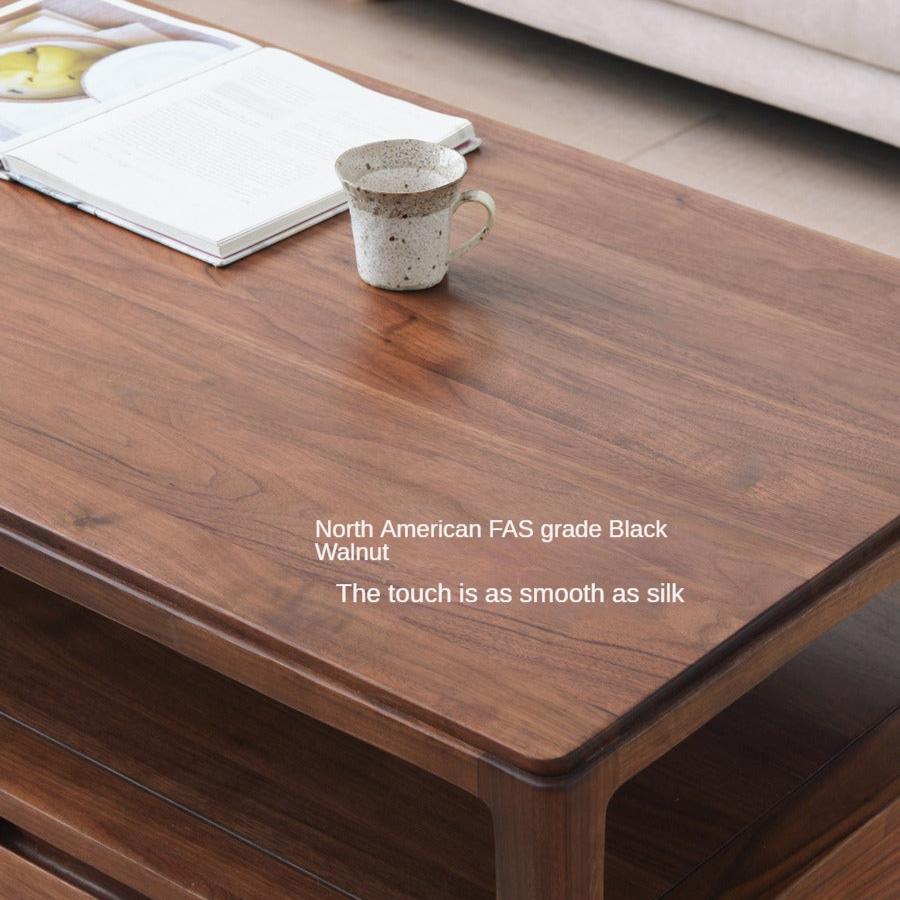 Solid Black Walnut Wood Coffee Table with 4 Drawers - Rustic Modern Living Room Furniture for Home Decor